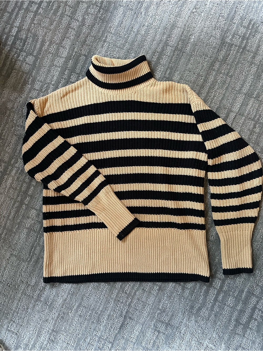 CAbi Striped Turtleneck Sweater in Beige and Black